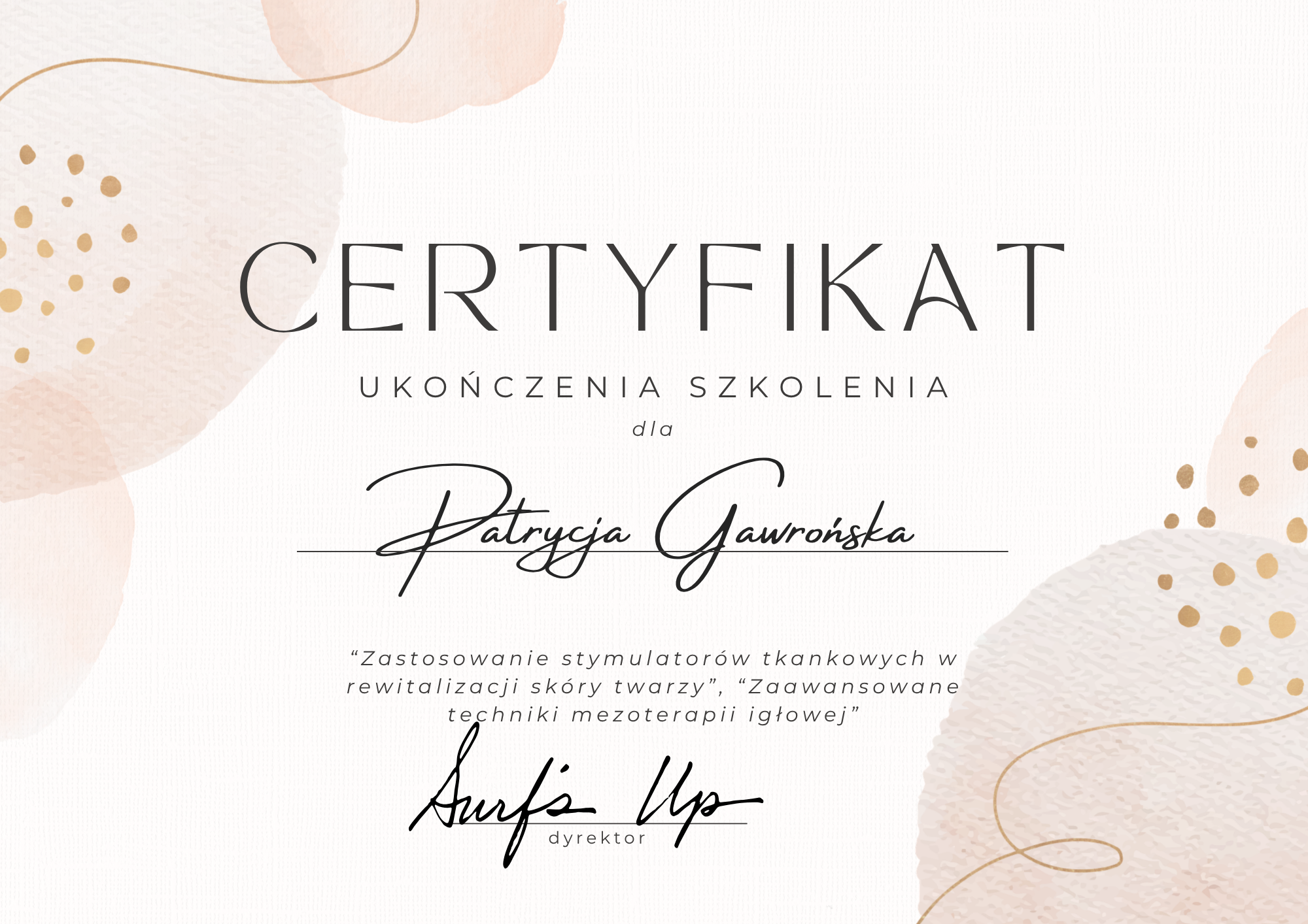 O Nas Cream Pink Gold Watercolor Elegant Feminine Course Certificate